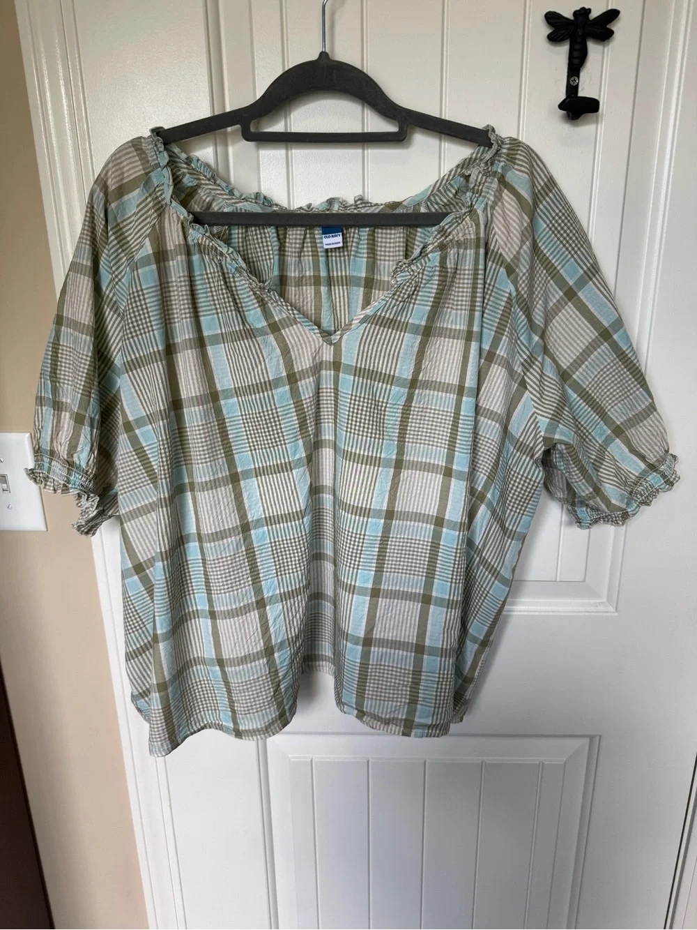 Old Navy Light Blue and Beige Plaid Peasant Blouse
